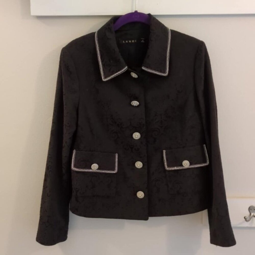 Vintage Y2K 90's Landi Bling Rhineston Sz Med Women Blazer Black Floral Brocade